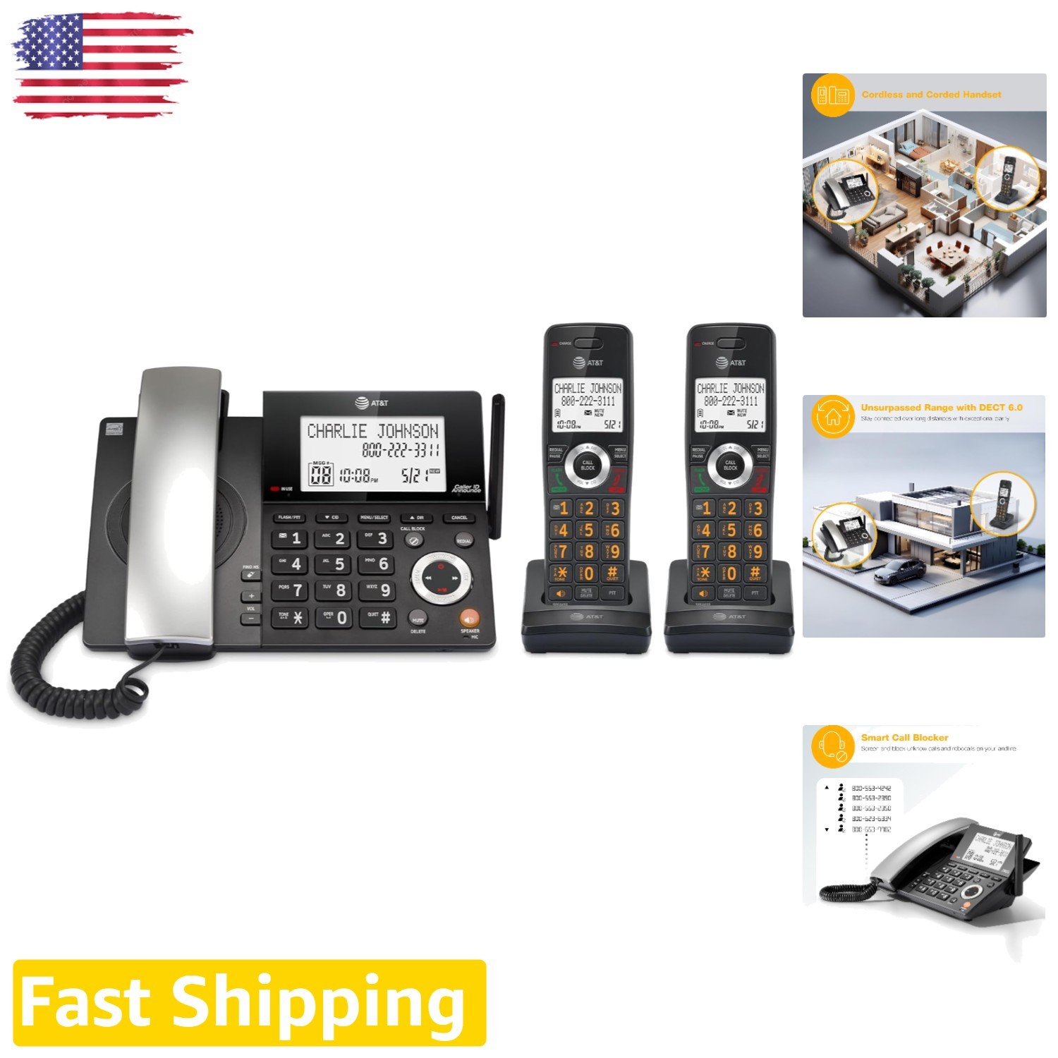 DECT 6.0 Corded/Cordless Phone 2-Handsets Smart Call Blocker Unsurpassed Range