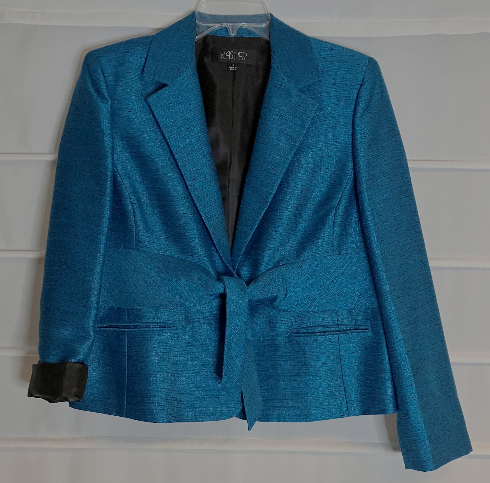 Kasper Crystal Blue Teal Lined Front Snap Tie Lined LS Blazer Size 12 EC!