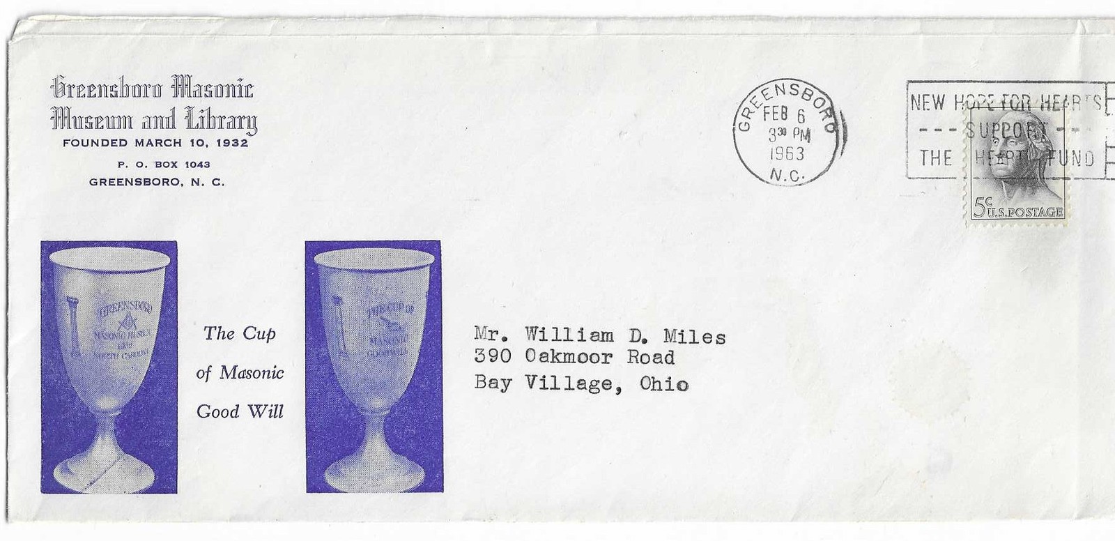 Masonic Event Cover Greensboro Museum & Library  NC 1963 Cup of Good Will