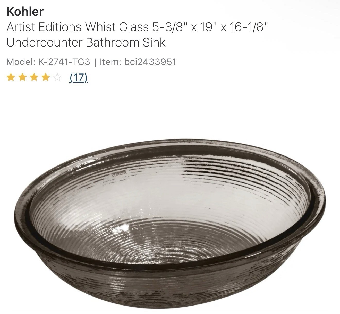 Kohler Artist Editions Whist Glass Undercounter Bathroom Sink K-2741-TG3
