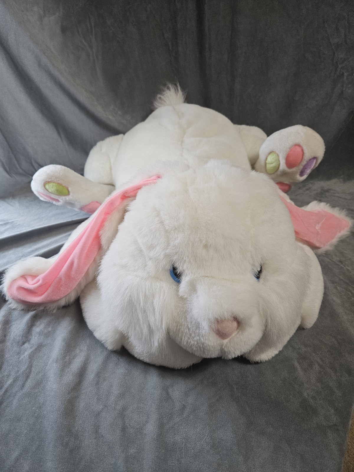 Vintage 90s Cuddle Wit Jumbo 30" Floppy White Easter Bunny Colorful Toes Plush