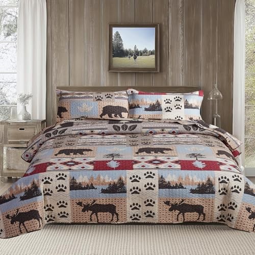 Rustic Size Quilt Set - Home Lodge Bedding Set Full/Queen Pine Moosepattern