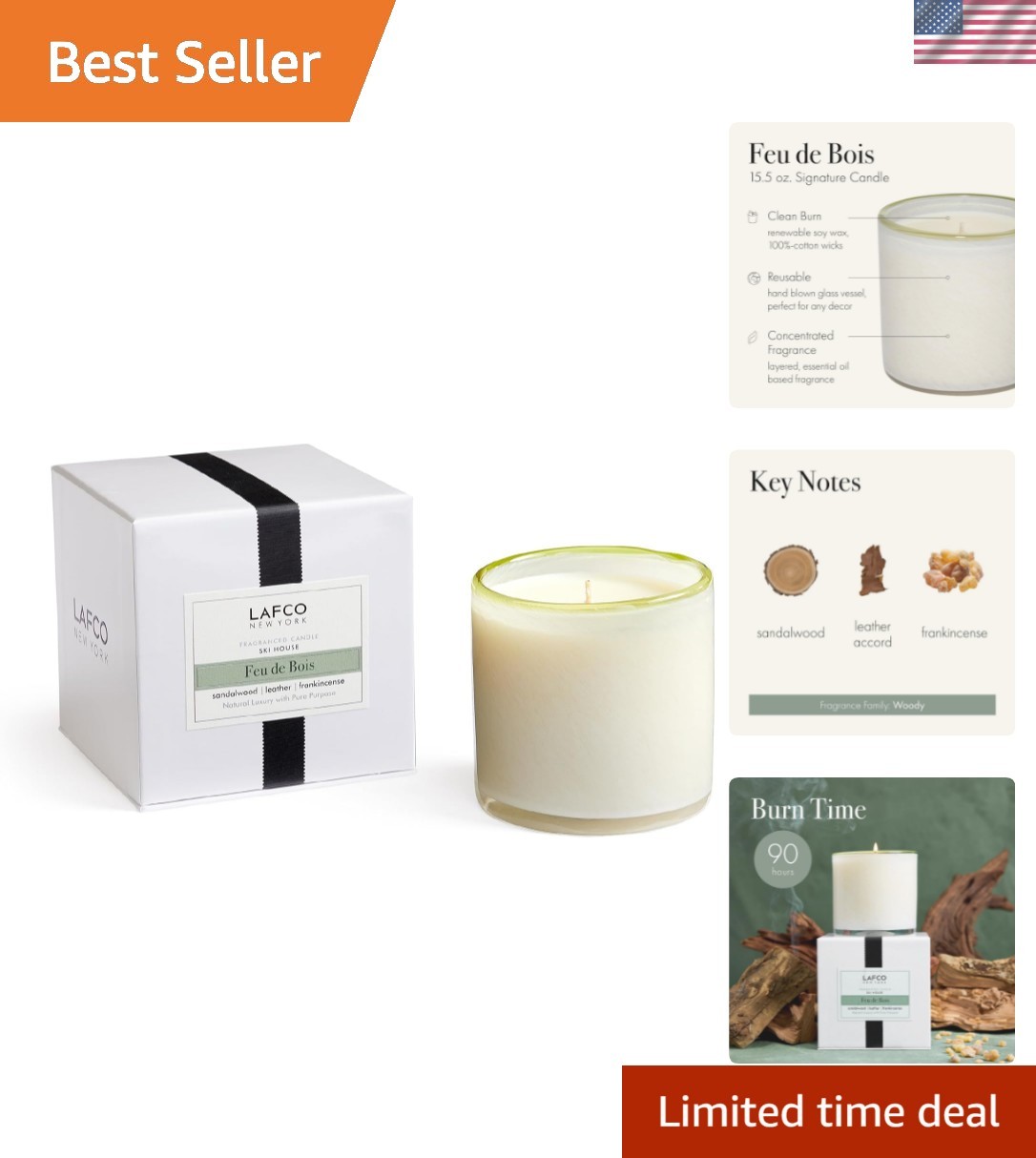 Signature Candle, Feu de Bois - 15.5 oz - 90-Hour Burn Time - Reusable, Hand ...