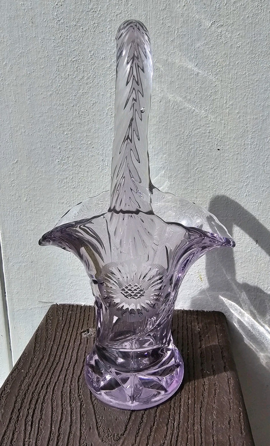 Vintage Purple Glass Etched Basket Vase Brides Basket Easter Decor 7.5" Tall