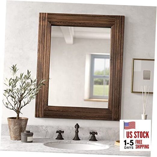  Hand-Made Wooden Spliced Wall Mirror for Bathroom, 32"L x 24"W Spliced Brown