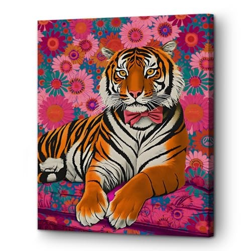Preppy Floral Tiger Framed Art Canvas Wall Art Animal Wall Decor Flower Tiger