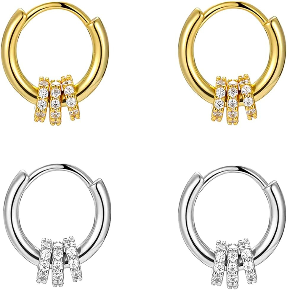 2 Pairs Gold/Silver Hoop Earrings for Women Set Trendy,14K Plated Gold Chunky Hu