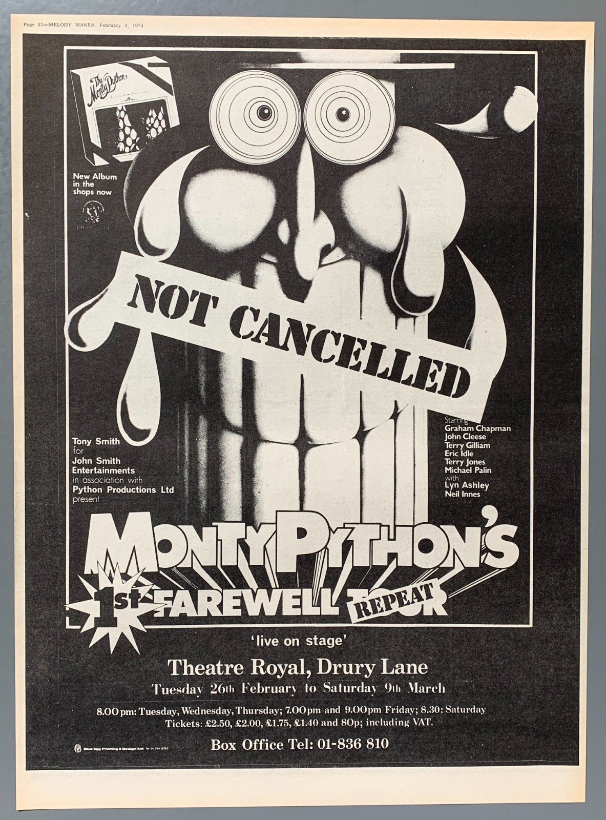 MONTY PYTHON 1974 POSTER ADVERT FAREWELL DRURY LANE John Cleese NOT CANCELLED