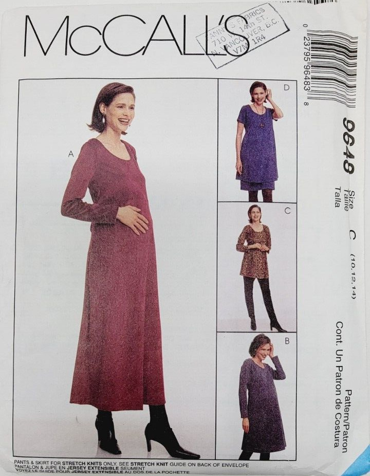 McCalls 9648 Misses Maternity Dress Pants Skirt Sew Pattern Sizes 10 12 14