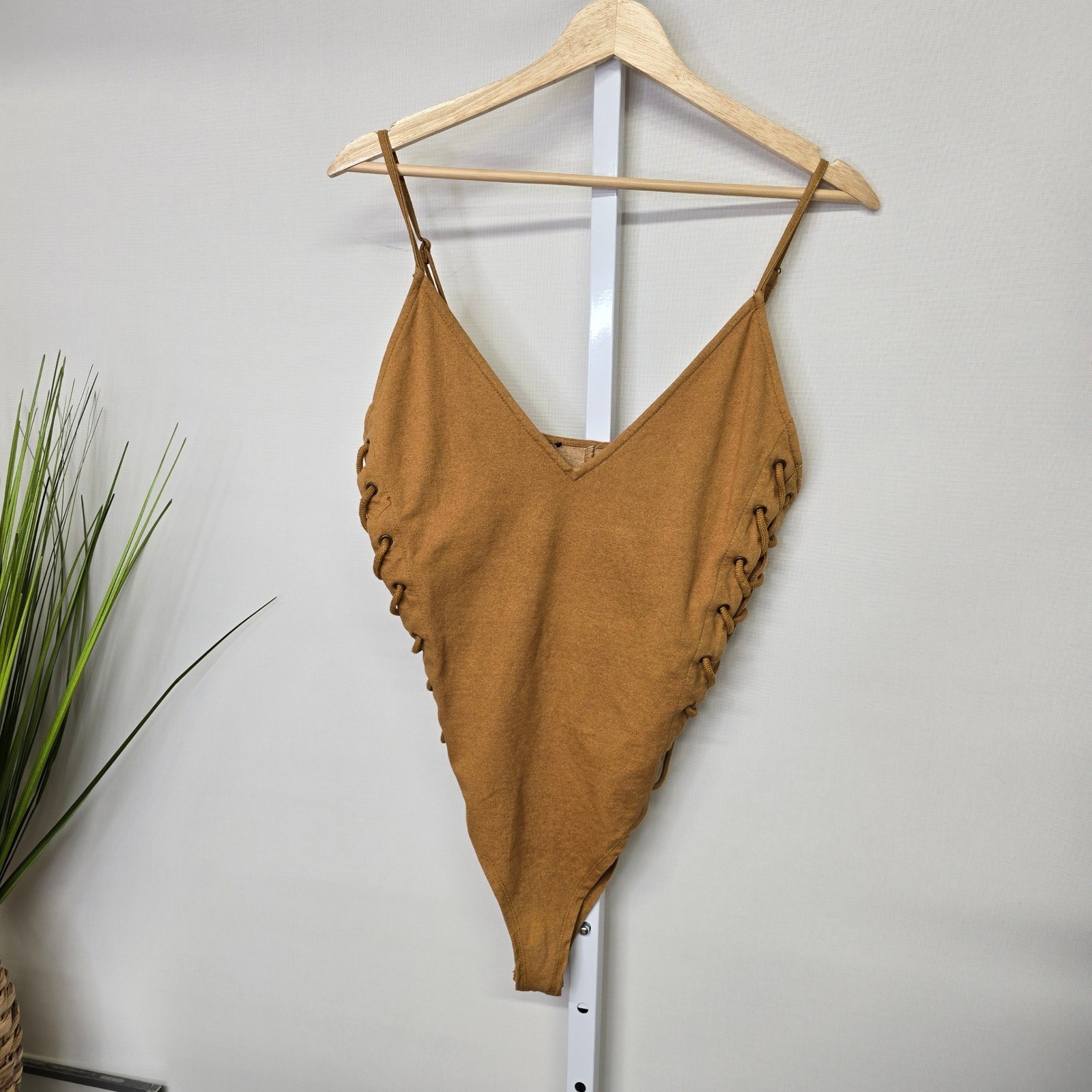 Womens Bodysuit V Neck Sleeveless Lace Up Sides Tan Brown