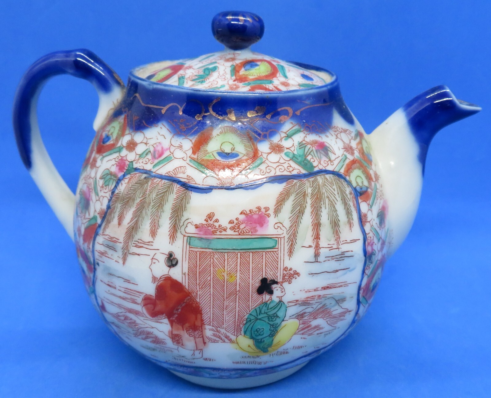 Japanese Kutani vintage Art Deco oriental antique blue glaze teapot B