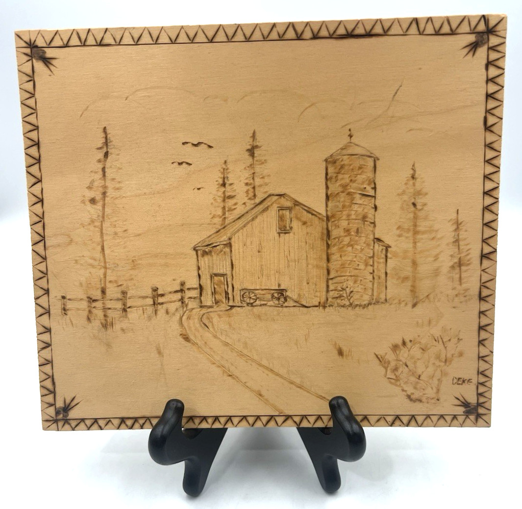 Wood Burned Pyrography Folk Art Rustic Barn Silo Scene Signed Deke VTG 70s