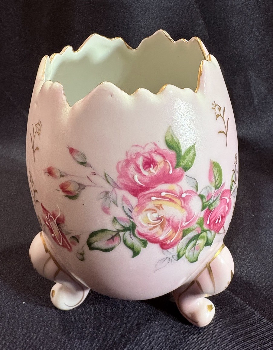 Vintage Handpainted Cracked Egg Planter Pink Rose Floral Vase Porcelain Napco 6”