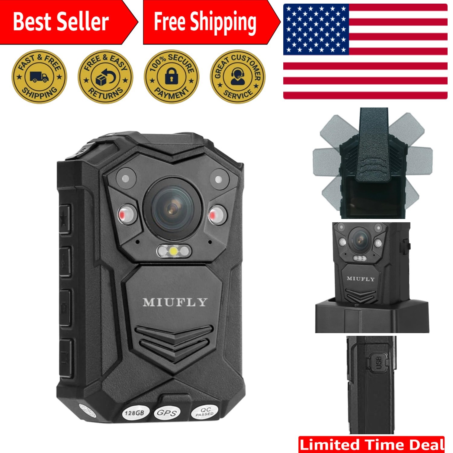 1296P Police Body Camera with 2 Inch Display, Night Vision, GPS, Built in 128...