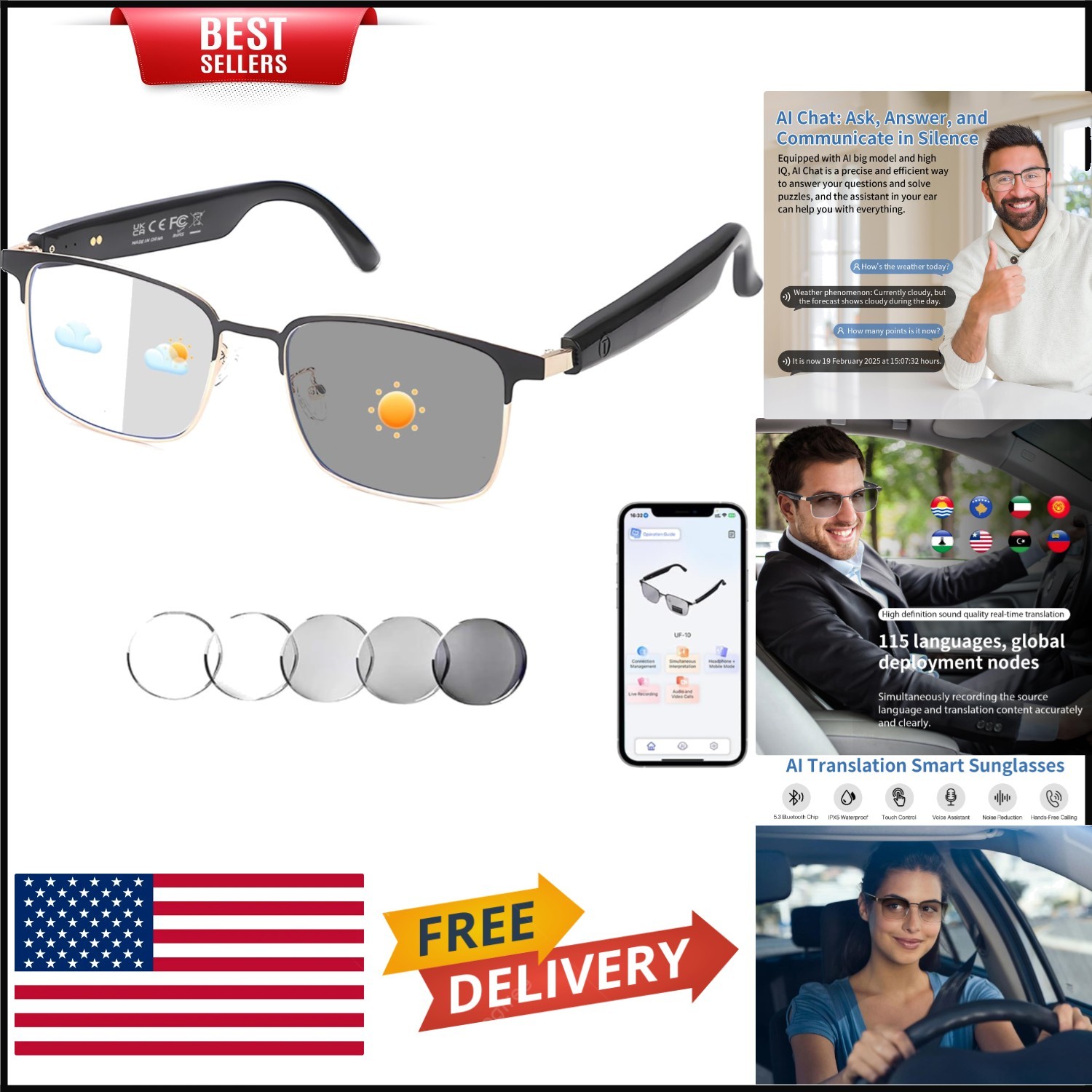 Bluetooth Audio Sunglasses: AI Translator with 160+ Languages Covered