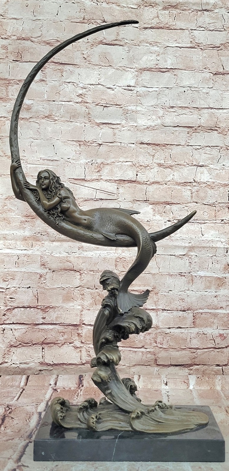 Milo Bronze Mermaid Goddess on Half Moon Sculpture Mythical Ocean Decor Statue