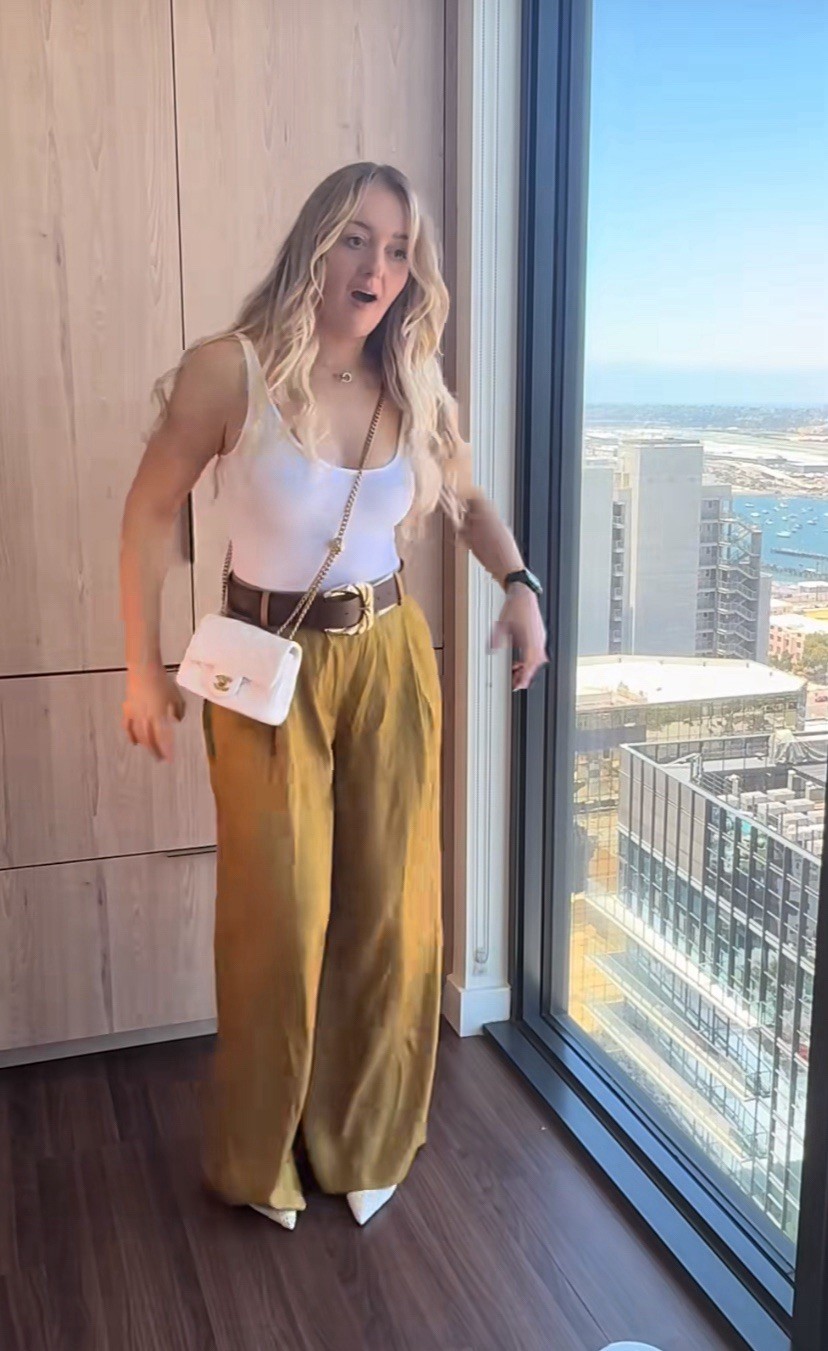 ZARA NEW WOMAN HIGH WAIST SATIN WIDE-LEG BELTED PANTS GOLD SIZE L  1478/078/303