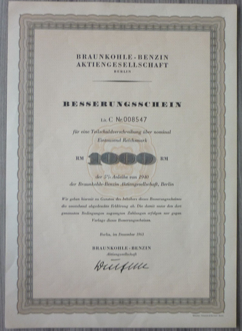 Stock, Brown Coal Gasoline AG, Berlin Improvement Certificate, (Art.3161)