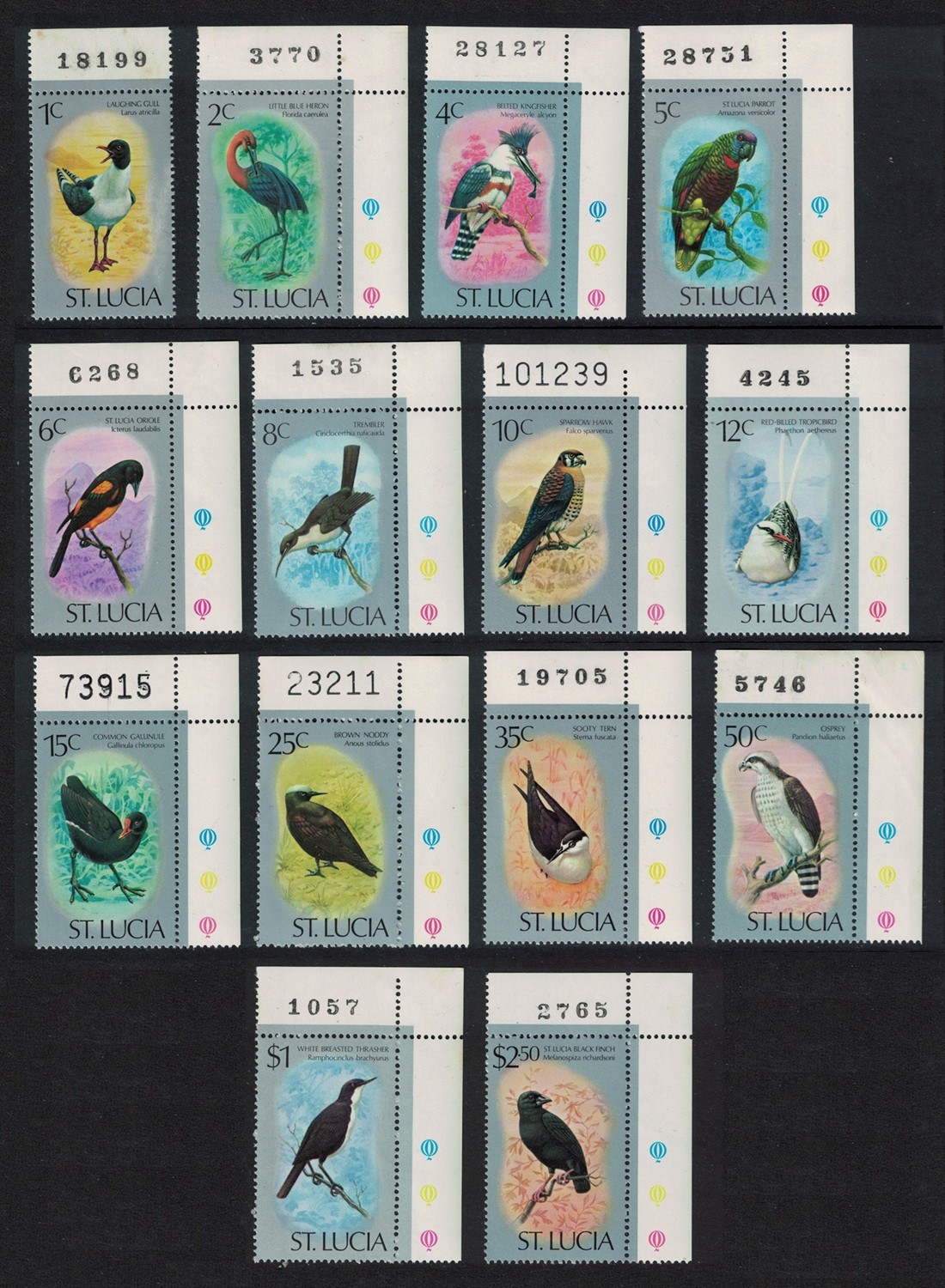 St. Lucia Birds 14v Margins Corners Numbers 1976 MNH SG#415-428