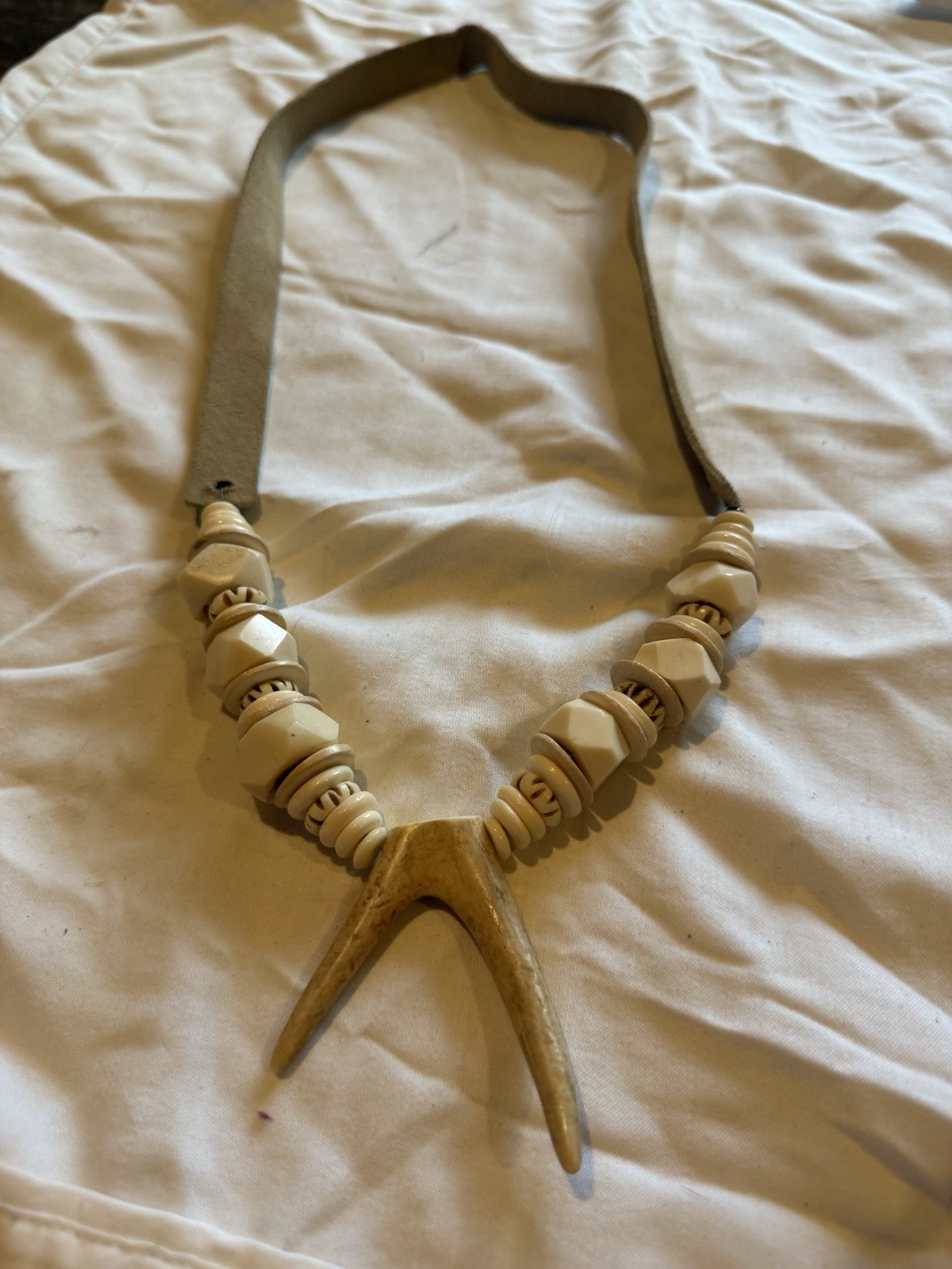 Bone & Leather Beaded Necklace with Amulet Pendant Native American Beige