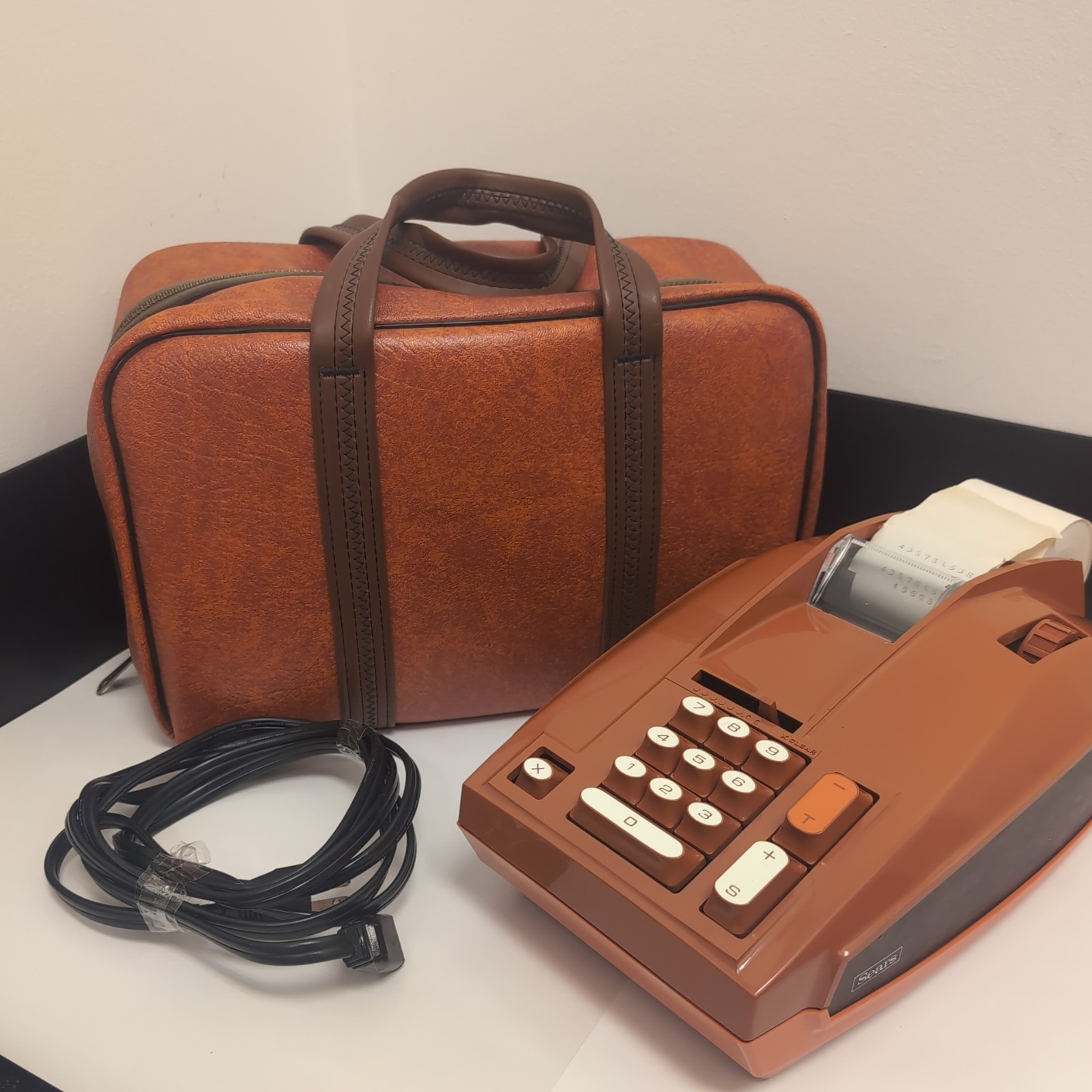 Vintage 1970s Sears & Roebuck 2 Tone Orange/Wood Panel Adding Machine 78  W Bag