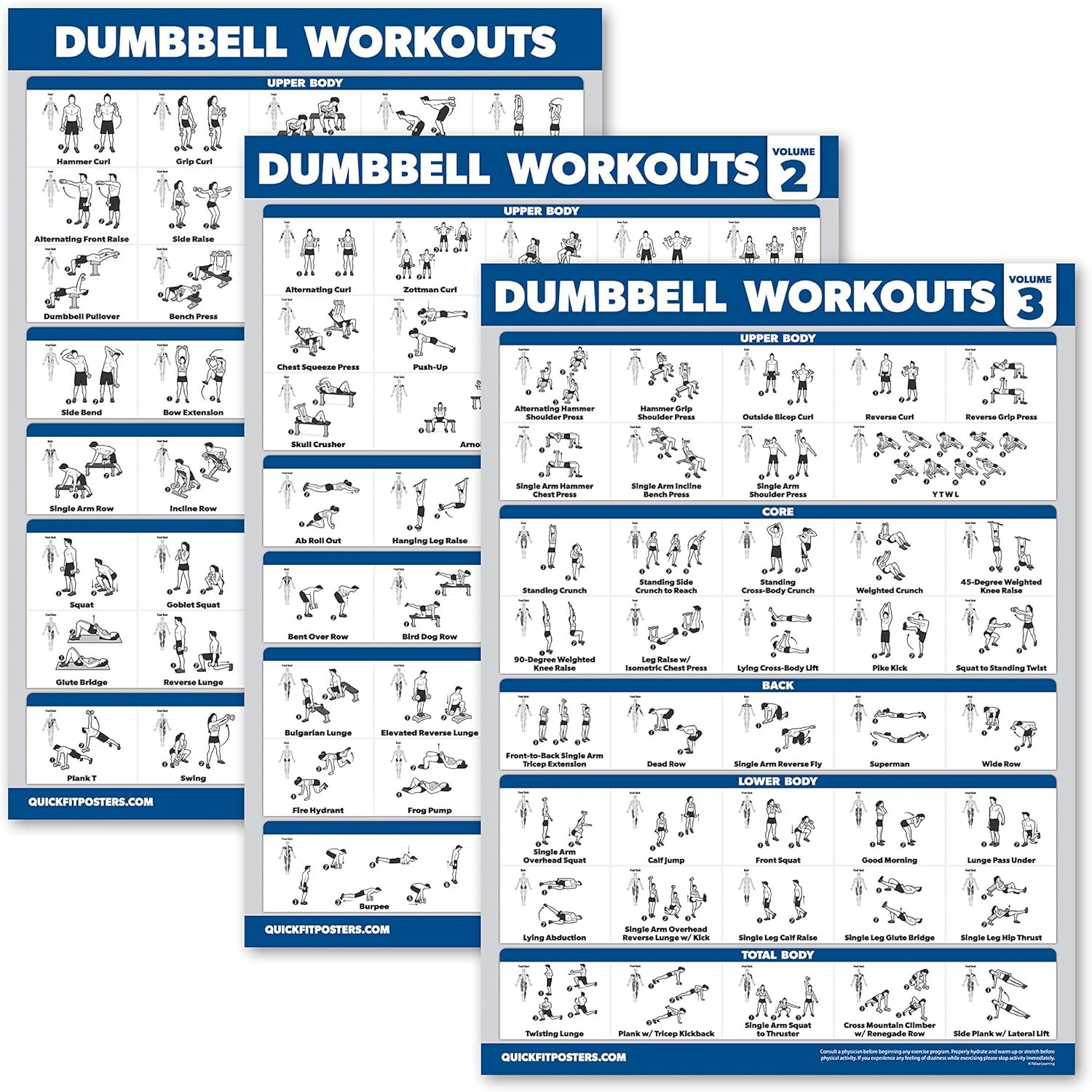 Palace Learning 3 Pack - Dumbbell Workout Posters for Home Gym - Volume 1, 2 & 3