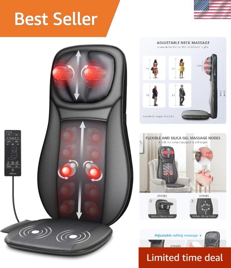 Full Back Shiatsu Massage Seat Pad with Height Adjustment & Soothing Vibration