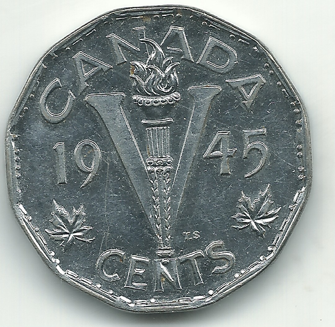 HIGH GRADE AU/UNC 1945 CANADIAN CANADA 5 CENTS-FREE SHIPPING-DEC302