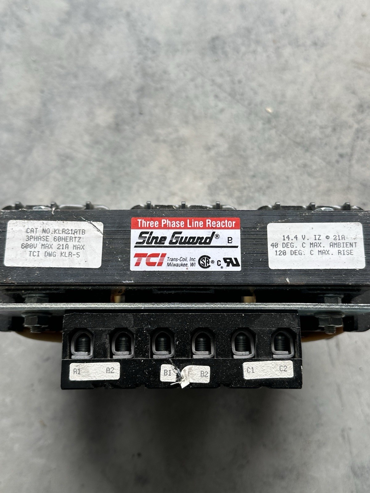 TCI KLR21ATB SineGuard 3 Phase Line Reactor 600V 21A 60Hz Trans-Coil VFD 