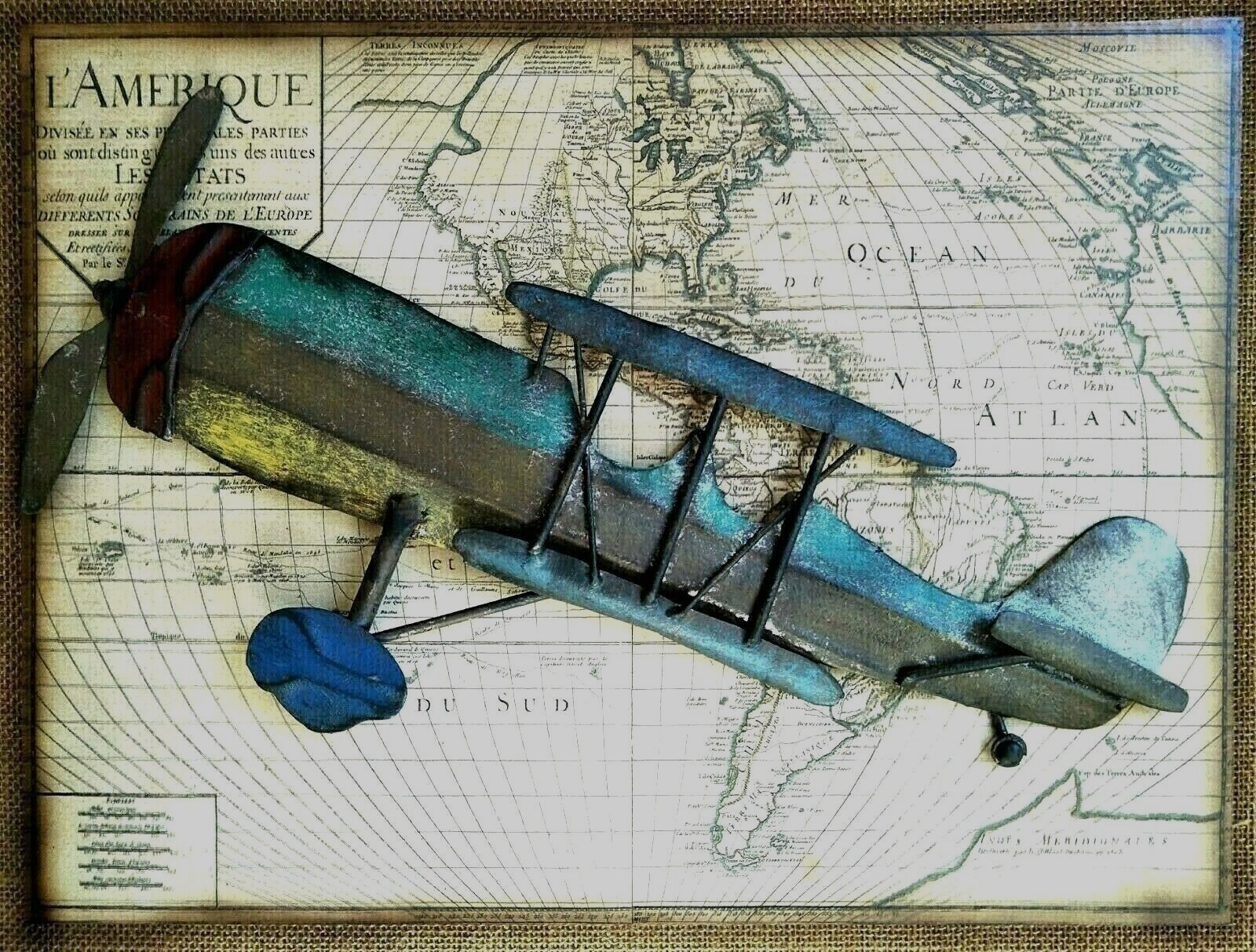 Aluminium Biplane Aircraft On World Map Larger Size Art Deco 3D ART World Flight