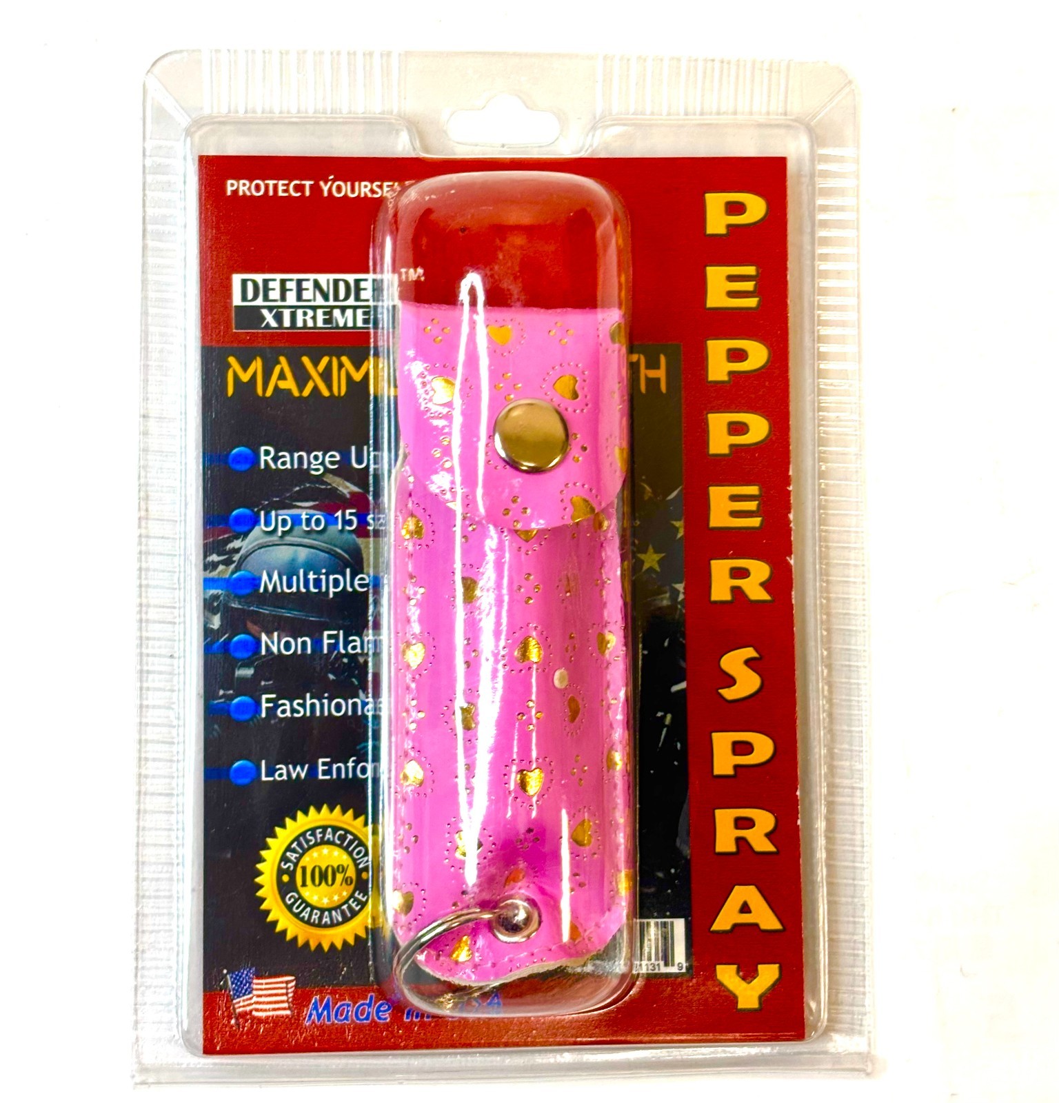 DEFENDER PINK GOLD HEARTS pepper spray  with keychain