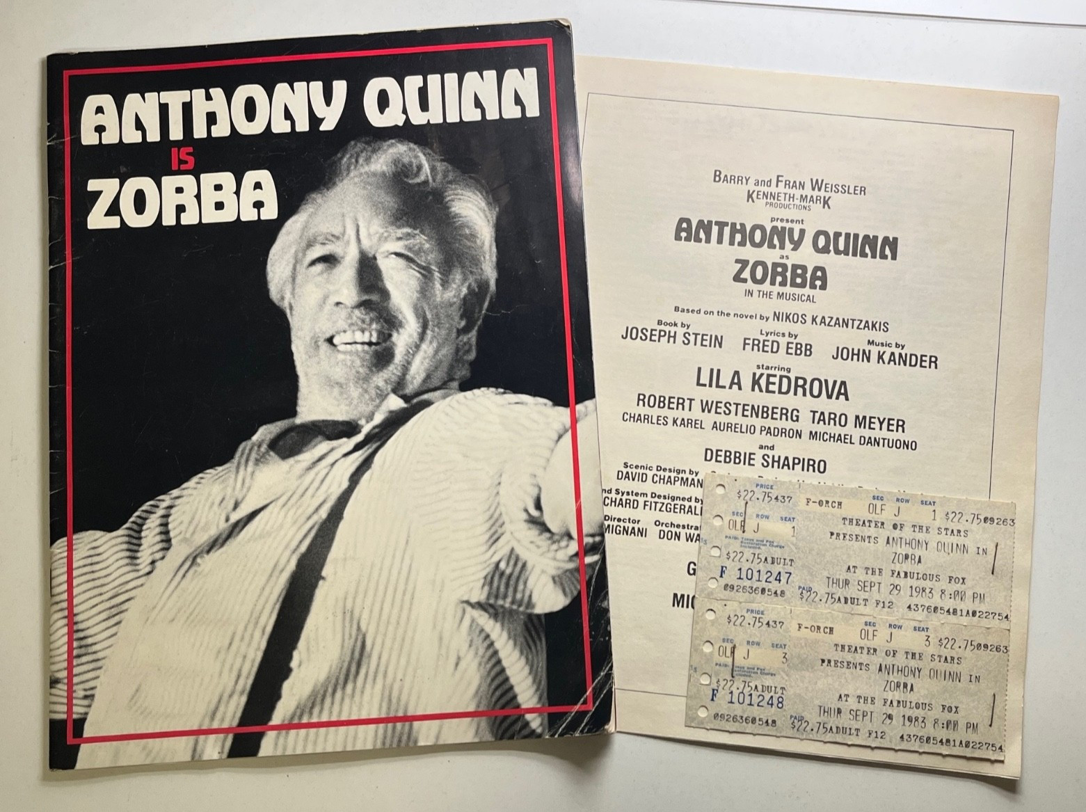 Zorba Anthony Quinn 1983  Program with Foldout Center TWO Ticket Stubs Atlanta