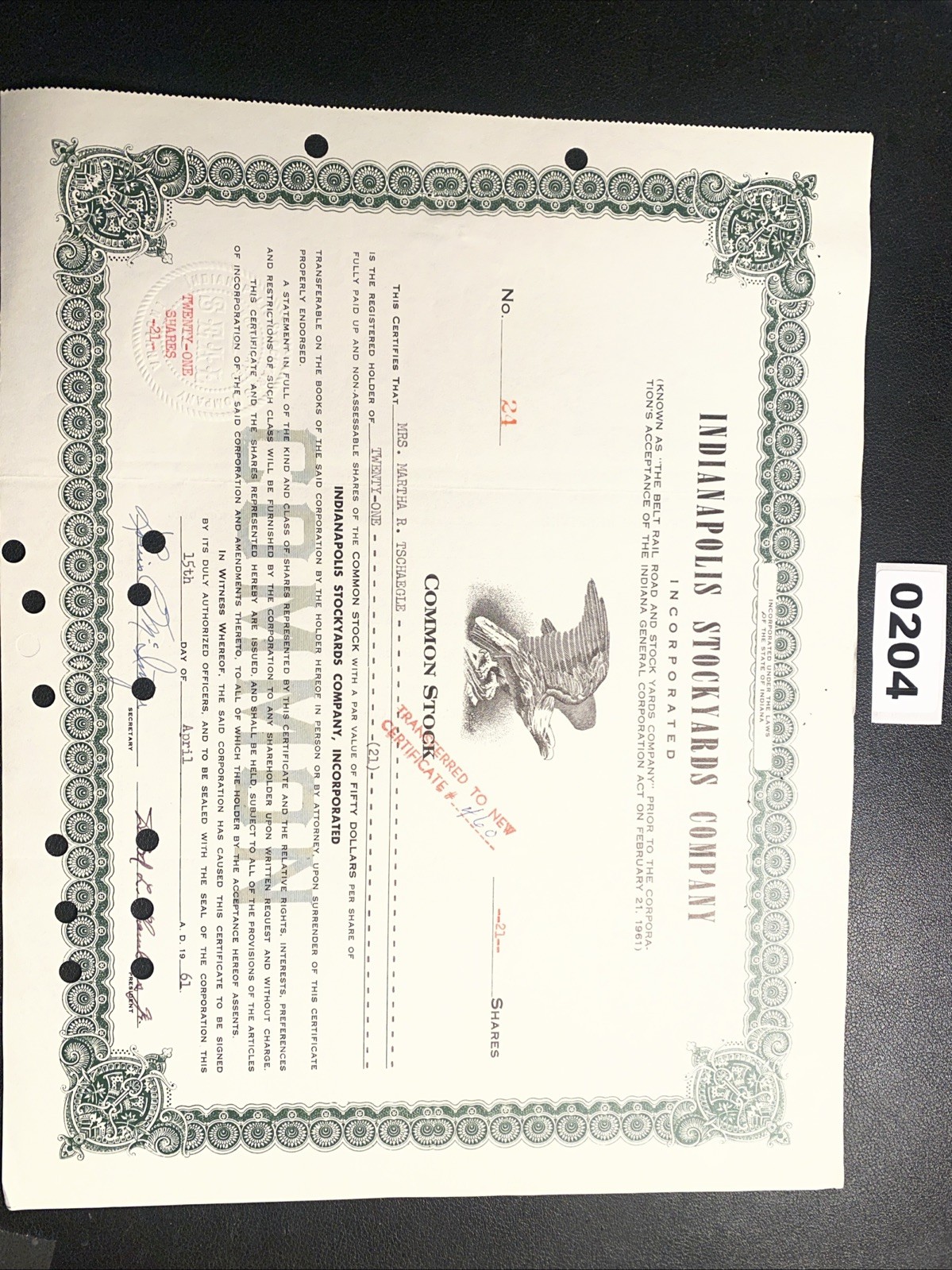 INDIANAPOLIS STOCKYARDS COMPANY Stock Certificate 1961 0204