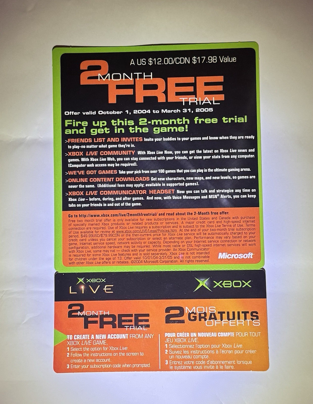 Original Xbox Live 2 Month Free Trial Bilingual UNUSED INSERT ONLY