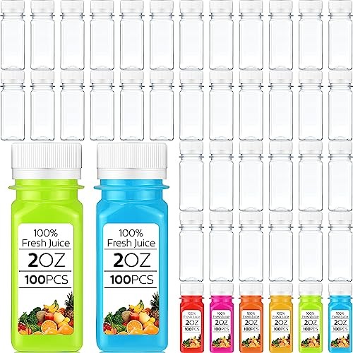  100 Pcs 2oz Small Clear Plastic Juice Bottles with Lid for Liquids White