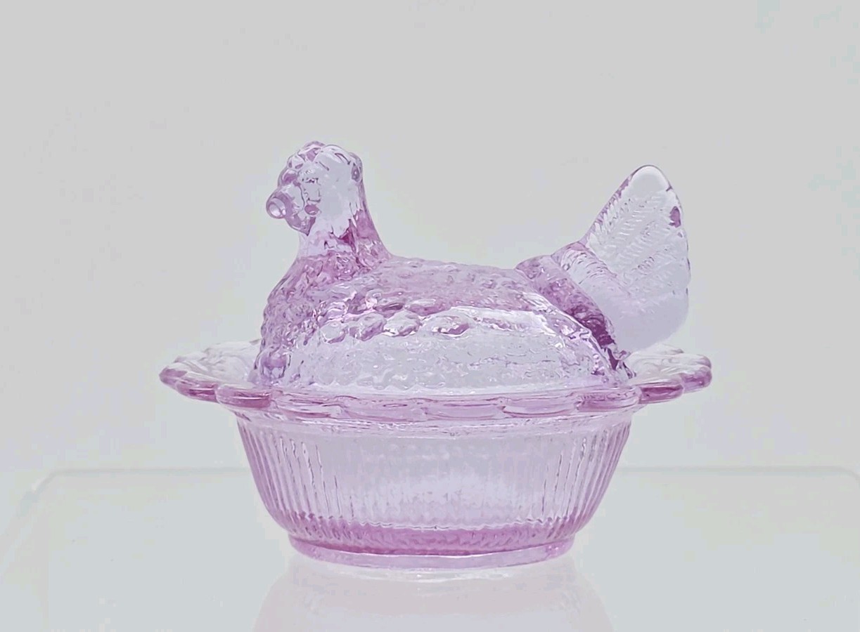VTG Mosser Purple Lavender Translucent Mini Glass Hen on Nest Salt Cellar, 2.75”