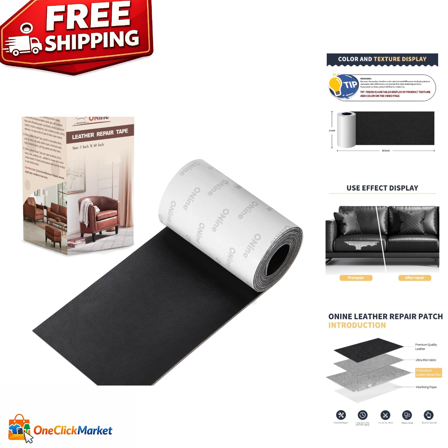 Durable Black Leather Repair Tape - 3x60in Self-Adhesive Patch for Luxury Fixes