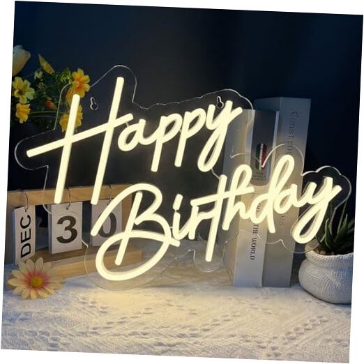 Neon Sign for Wall Decor, 17×12 Inch Warm White LED Neon Light Happy Birthday