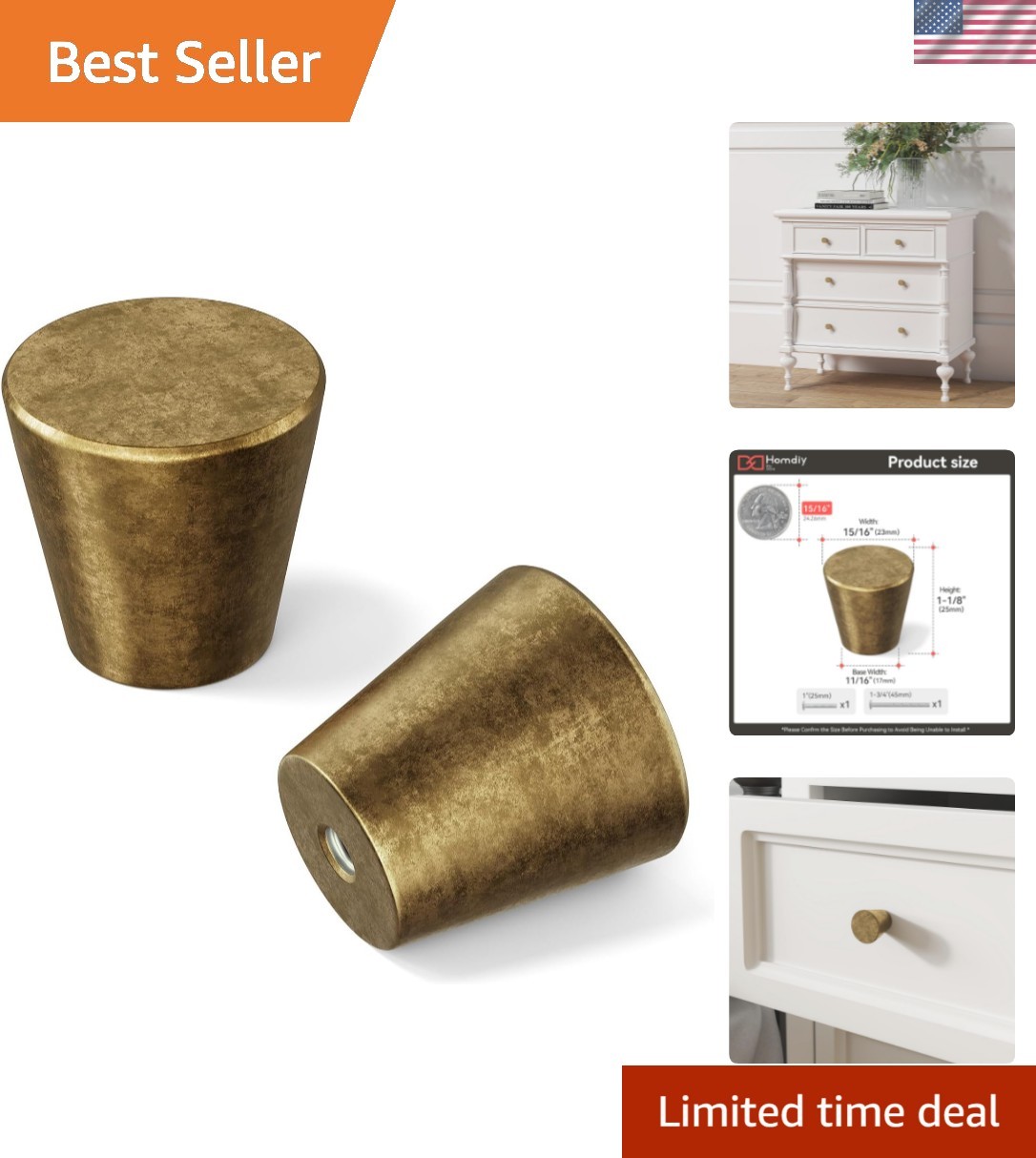 Vintage-Inspired Antique Brass Cabinet Knobs - Set of 10 Round Pulls