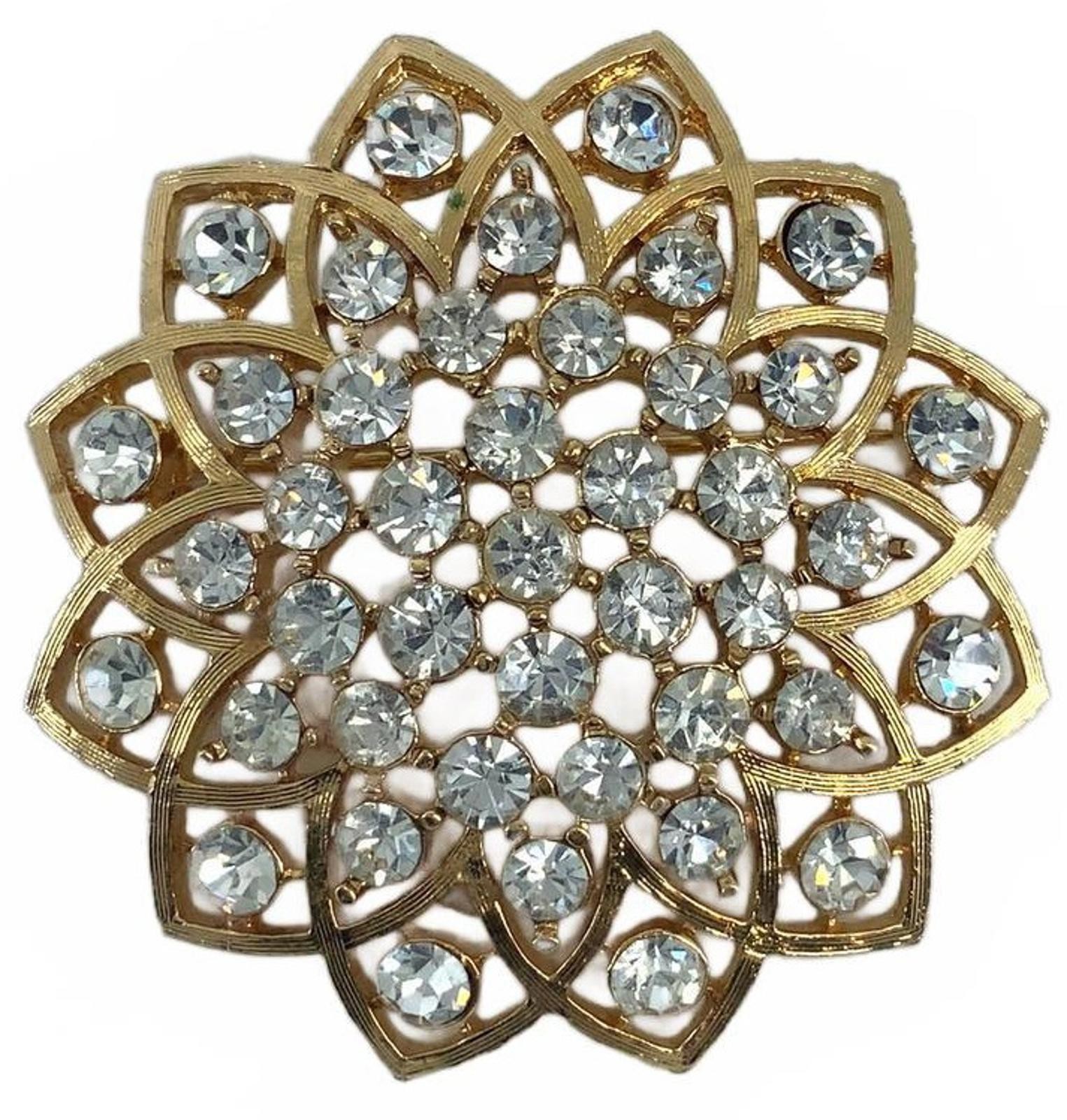 Vintage Gold Tone Rhinestone Mid Century Floral Brooch Pin Round Layered Boho