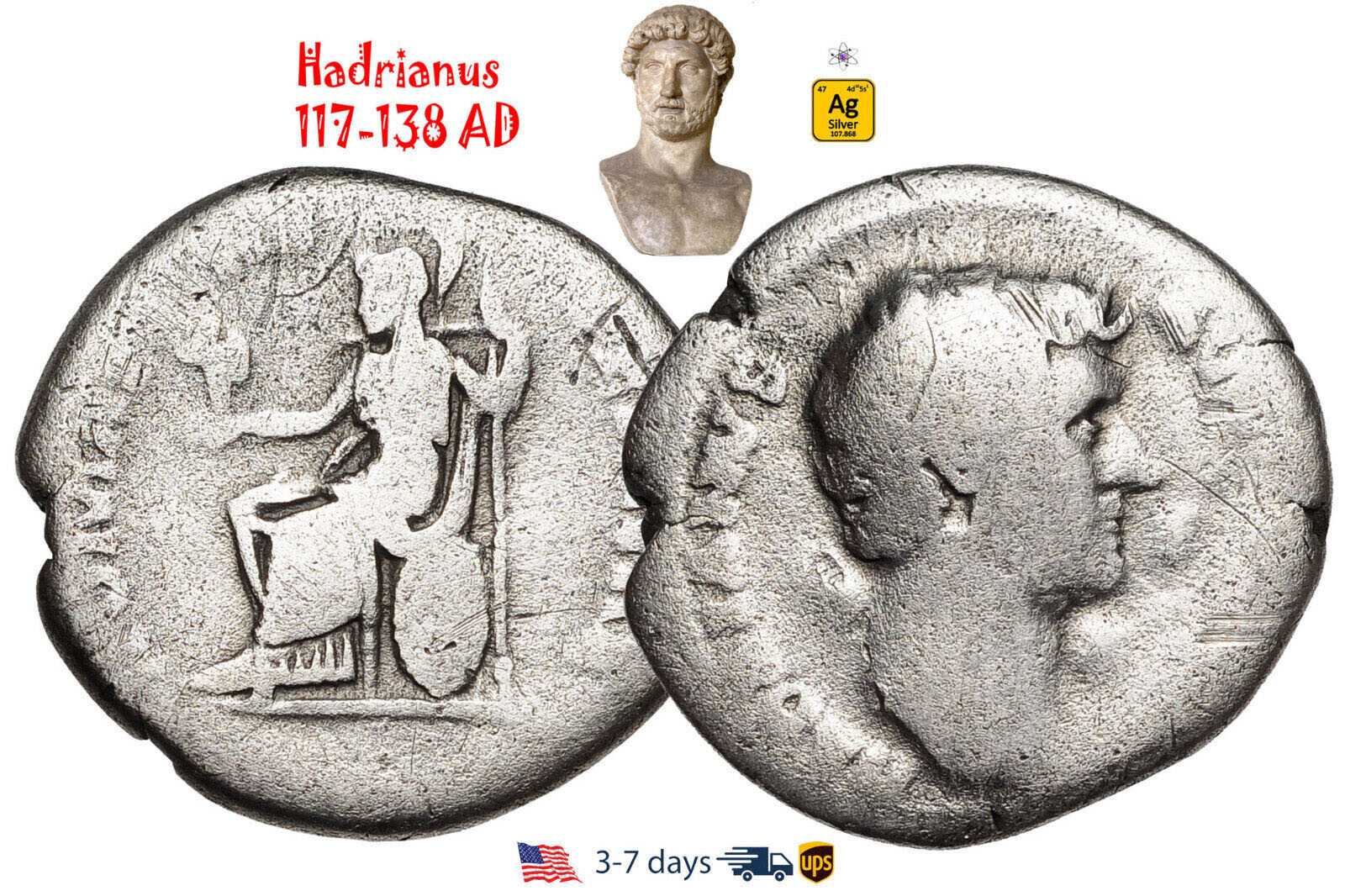 Ancient Roman Empire Coin Silver Denarius Hadrian 117 - 138 AD Authentic #31197