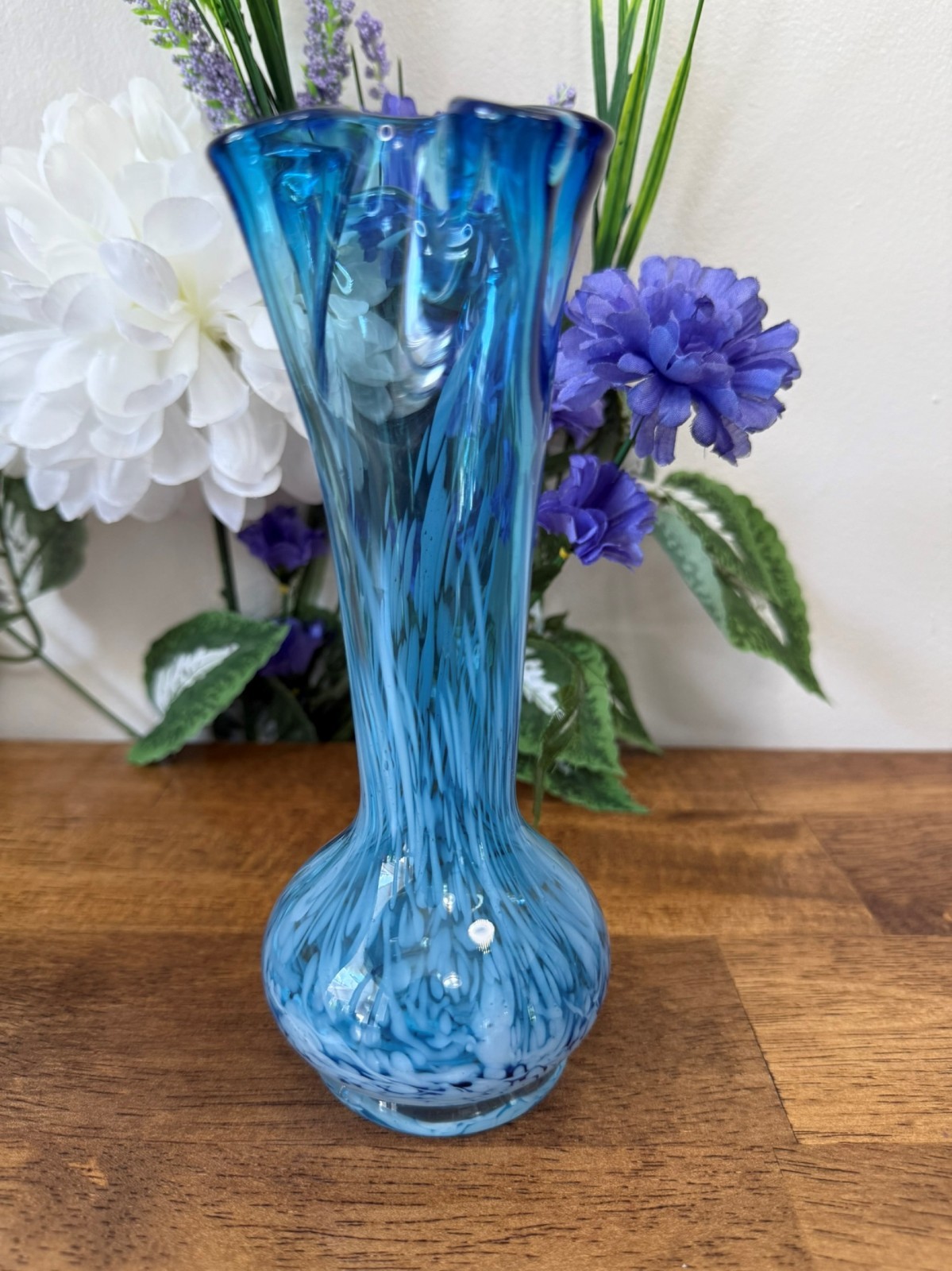 Vintage Hand Blown Art Glass Vase – Blue and White Swirl Ruffled Rim Mid-Century