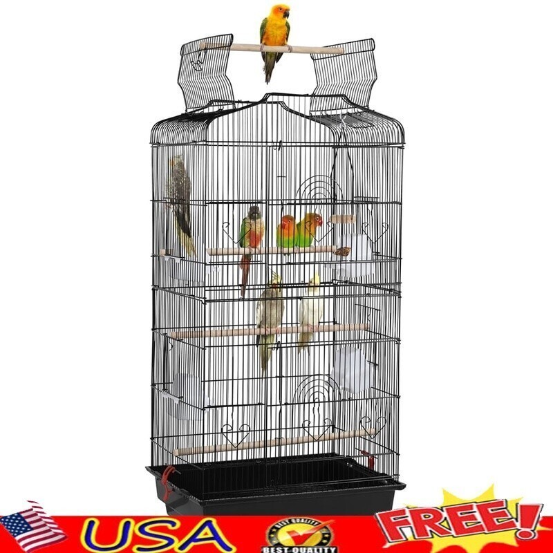 Spacious Metal Bird Cage W/ Play Top Perches Swing Feeding Bowls Parrots New
