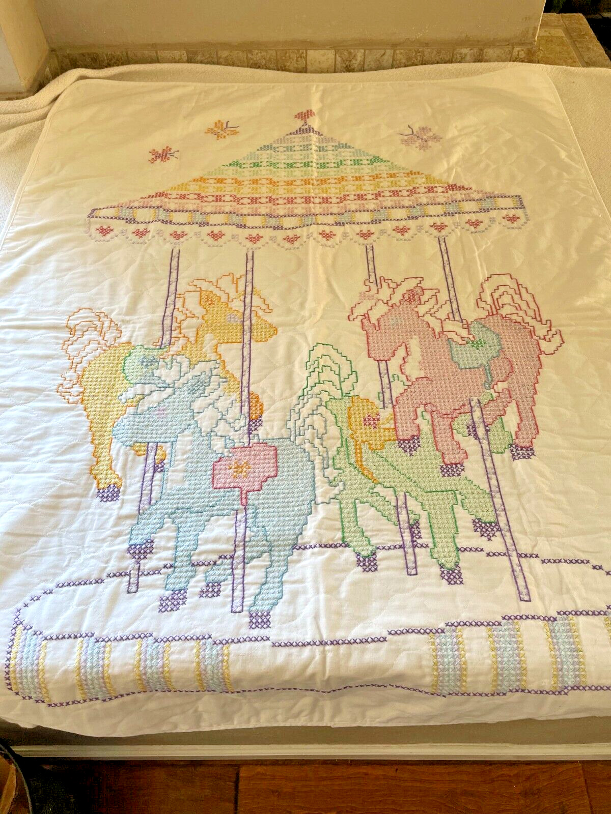 Vintage Handmade Carousel Merry Go Round Baby Quilt Cross Stitch Blanket 31 x 42