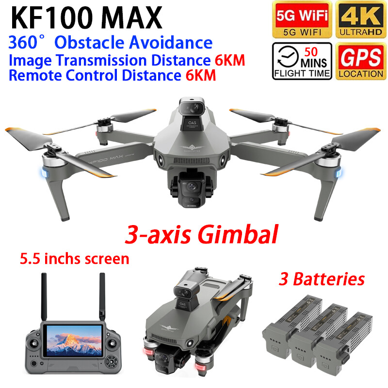 KF100 MAX Drone 7.2" Screen Control GPS 6KM WIFI FPV 4K Dual Camera 3 Battery