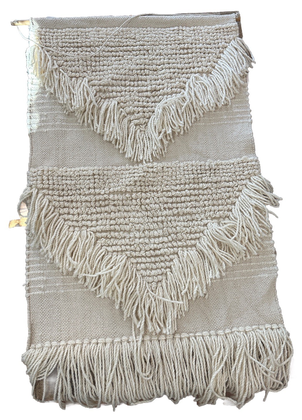 Boho Wool Woven Fiber Art Textile Wall Hanging 30X50” MCM Fringe Tapestry Cream