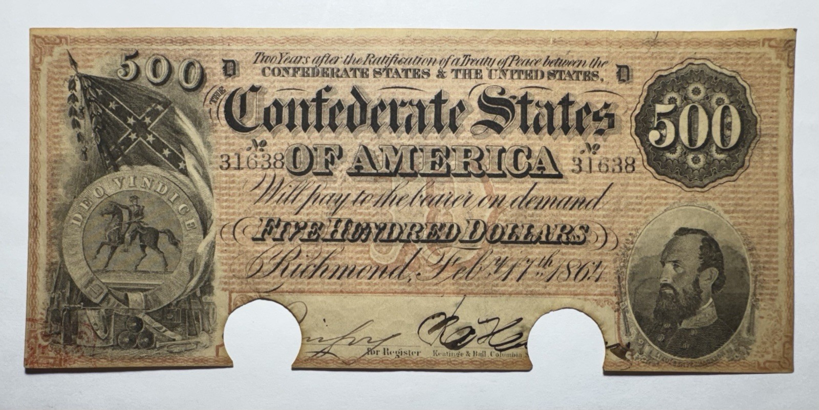 1864 $500 Confederate States of America T-64 Very Nice Note