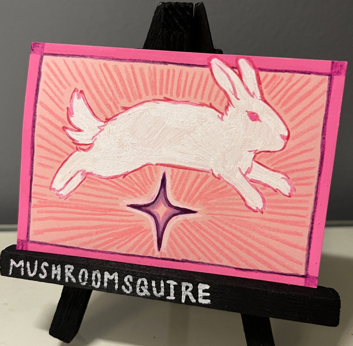 ACEO Original Drawing Jumping Bunny Rabbit over Star Pink Cute mushroomsquire