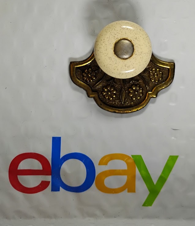 1 pc Keeler Brass Co. Vintage Porcelain Knobs w/Daisy Embossed Backplate VG