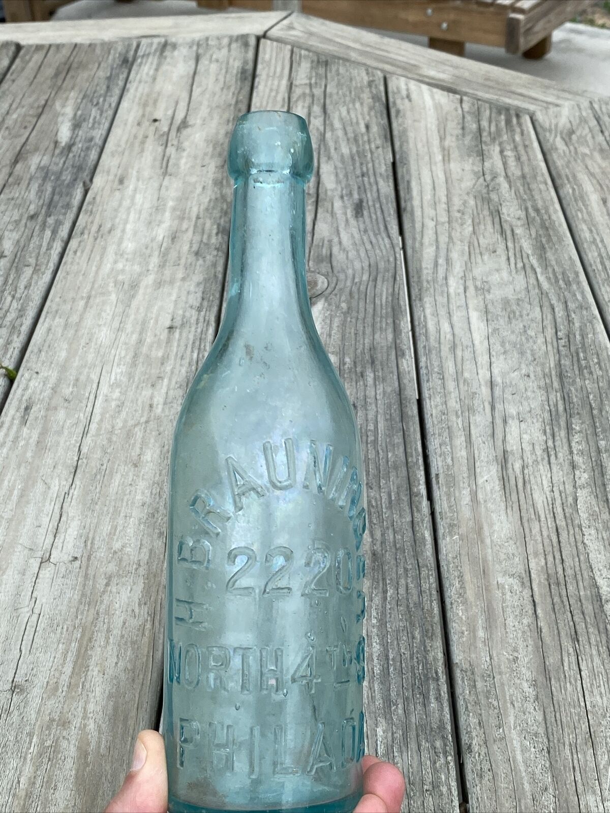 AQUA APPLIED BLOB TOP EMBOSSED BOTTLE H BRUAUNINGER 2220 N 4TH ST PHILADADELPHIA